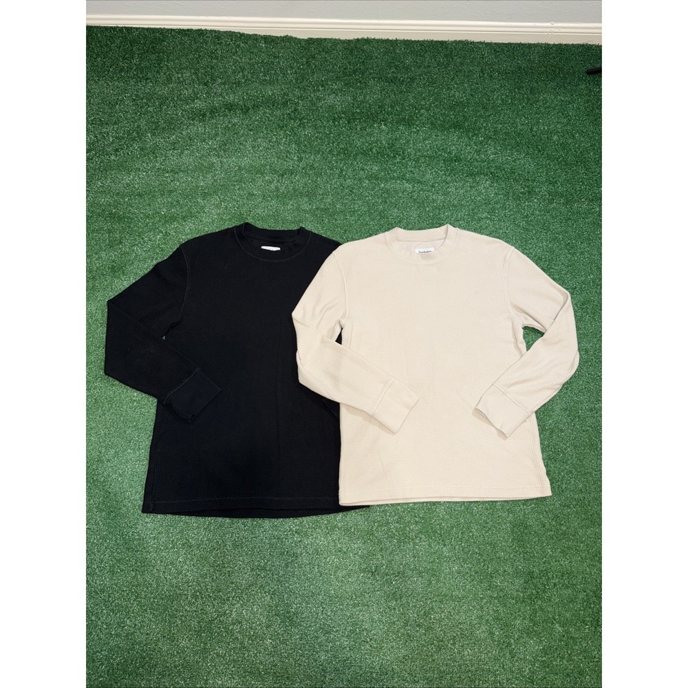 Goodfellow & Co Waffle Knit Thermal Long Sleeve Crewneck Shirt Cream/Black Sz Sm